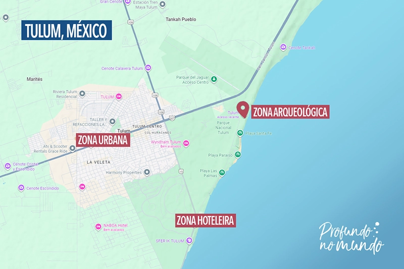 Mapa localizando Tulum, a Zona Arqueologica, o centro (pueblo) e a Zona Hoteleira