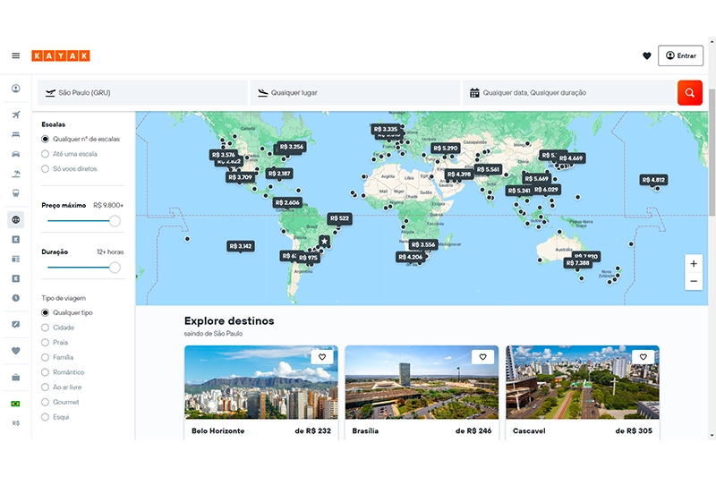 O Modo Explore do Kayak é um dos nossos preferidos pra encontrar os voos mais baratos, inclusive durante a volta ao mundo