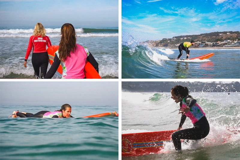 aula de surf na California, com a Surf Diva School, em La Jolla