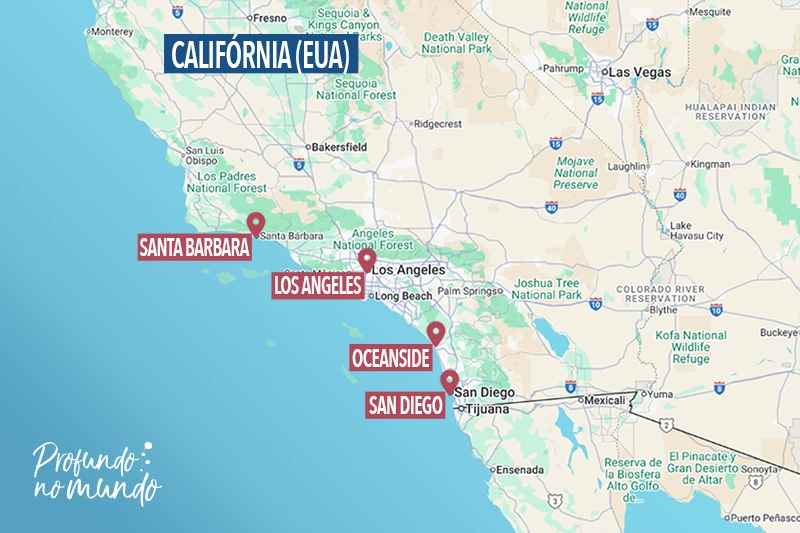 mapa do roteiro que fizemos na nossa viagem pela califórnia sem carro