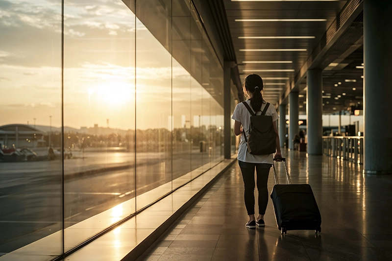Viajante carregando bagagem com por do sol no aeroporto