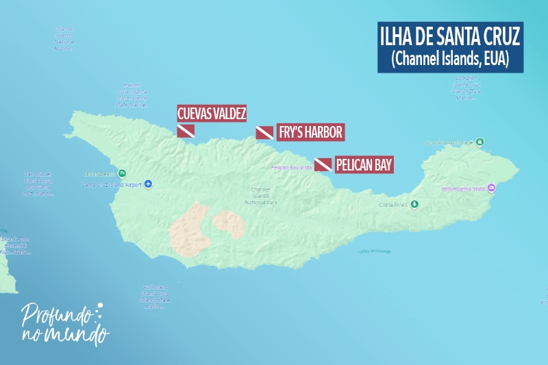 Mapa com pontos de mergulho na Ilha de Santa Cruz (Channel Islands, California)