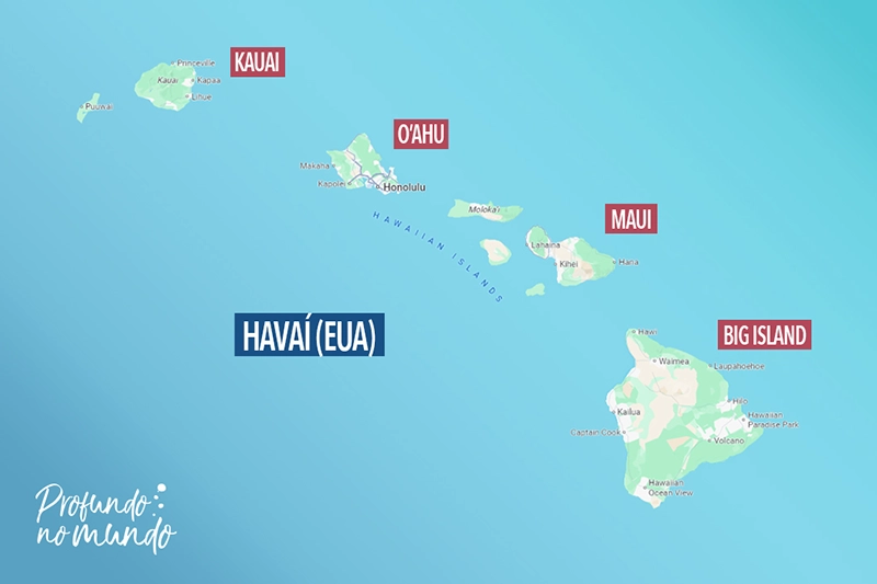 mapa do havaí, com suas ilhas principais: kauai, o'ahu, maui e big island
