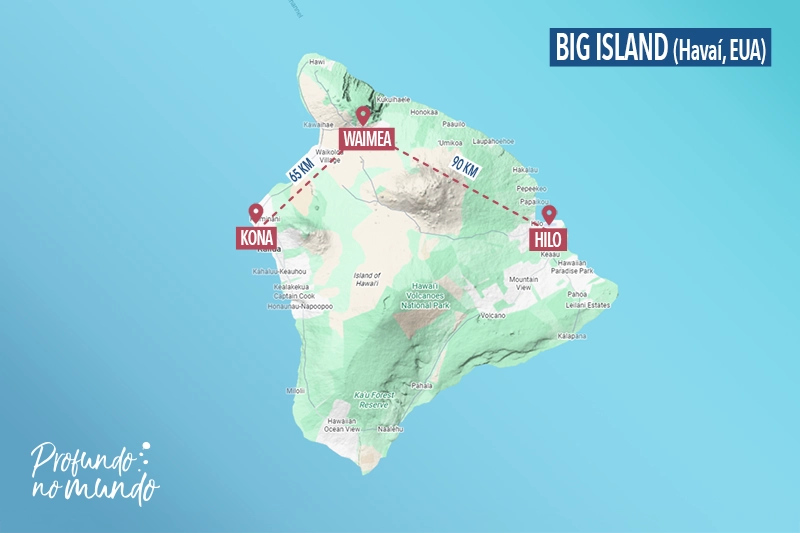 Mapa de Big Island, Havaí, mostrando os 3 aeroportos da ilha: Kona, Waimea e Hilo