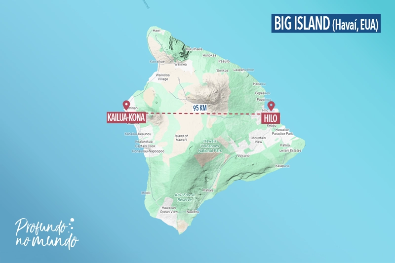 mapa de Big Island, no Havaí, mostrando a distância entre Kailua-Kona e Hilo