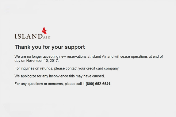 mensagem no site da Island Air informando que a companhia aérea faliu
