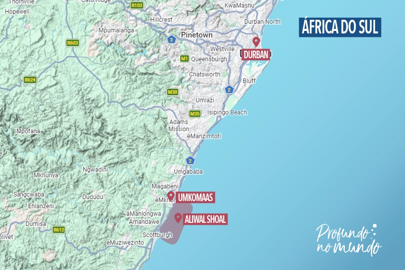 mapa da áfrica do sul localizando Durban, Umkomaas e Aliwal Shoal