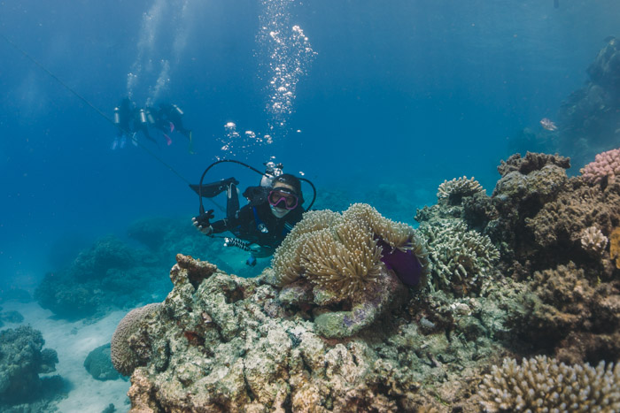 Mergulhadora sorrindo para foto atrás de coral, na Grande Barreira de Corais da Australia