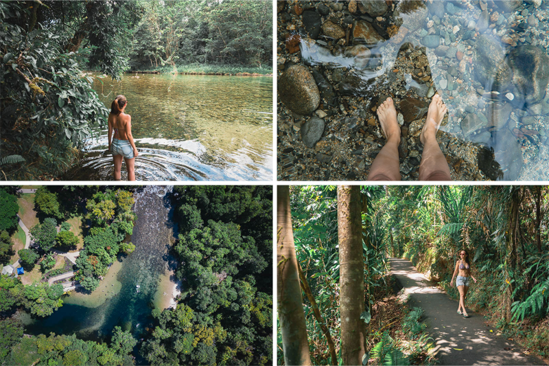 Trilha, natureza e água cristalina em Babinda Boulders, uma das paradas do circuito das cachoeiras em Cairns, na Austrália