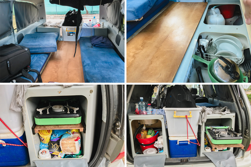 compartimentos internos de uma campervan: cama, fogão, pia, armários