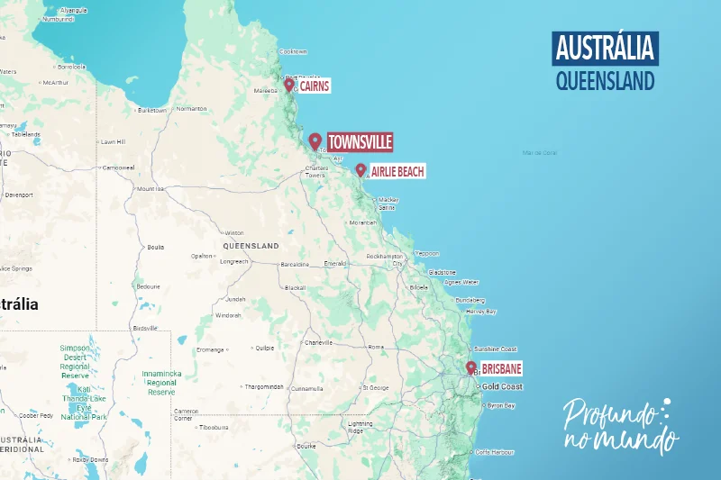 Mapa da Costa Leste da Austrália com a localização de Townsville e outras paradas do roteiro.