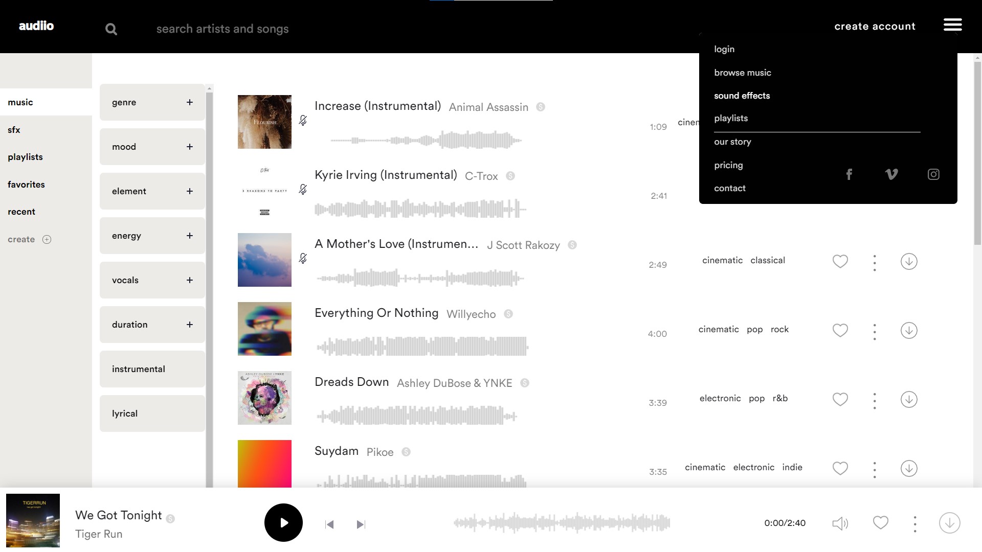 como funciona a busca de musicas na Audiio