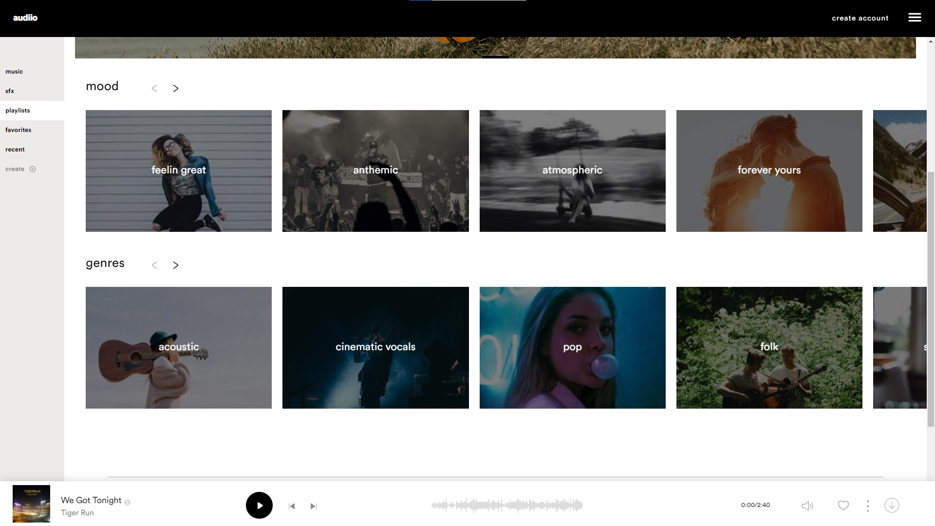 Playlists do banco de músicas da Audiio