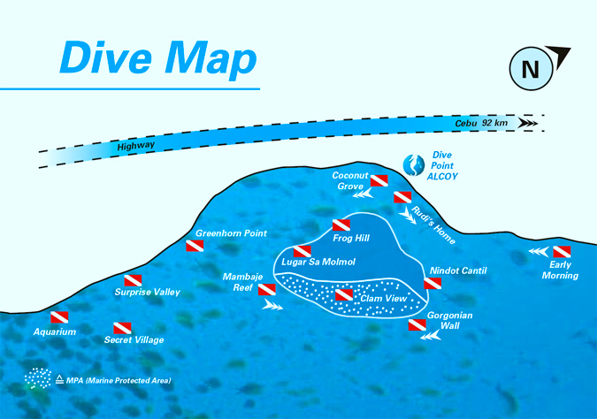 Mapa com pontos de mergulho em Cebu, nas Filipinas