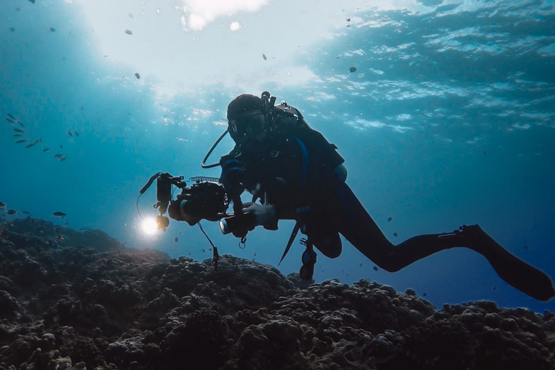 Mergulhador com equipamento de fotosub