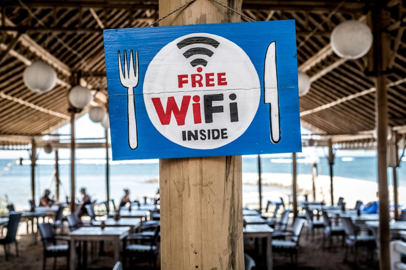 Placa indicando Free Wi-Fi em um restaurante na praia. Internet pública e gratuita na viagem.