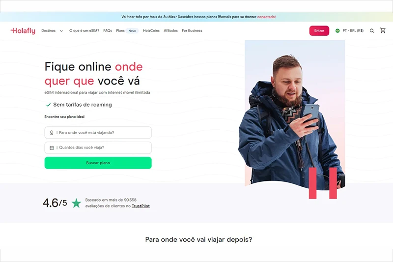 o valor do eSIM da Holafly é calculado de acordo com a duração da sua viagem