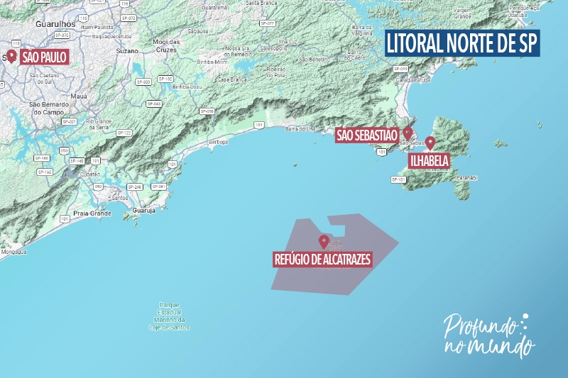 Mapa mostrando onde fica o Arquipélago de Alcatrazes.