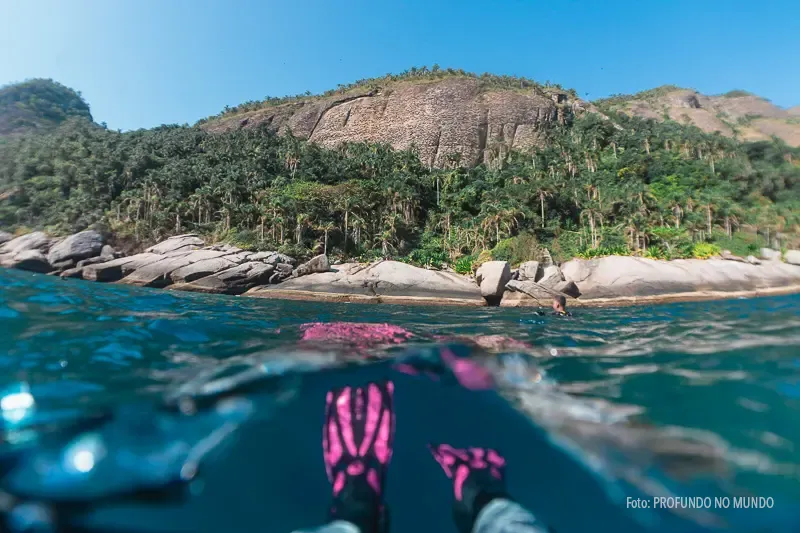 Nadadeira de mergulhadora flutuando em águas cristalinas em Alcatrazes.