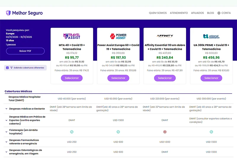 Tela de comparação do Melhor Seguro com diferentes planos e suas respectivas coberturas.