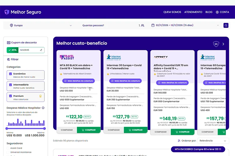 Página do comparador Melhor Seguro com opções de planos de seguro viagem e preços.